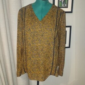 Hinge Paisley Print Blouse with Lace Insets Sz L Blue Yellow